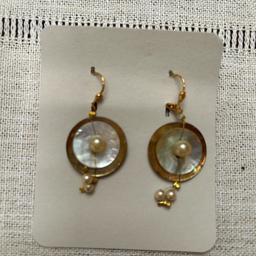 Hand made earrings, vintage buttons, pearl beads, gold